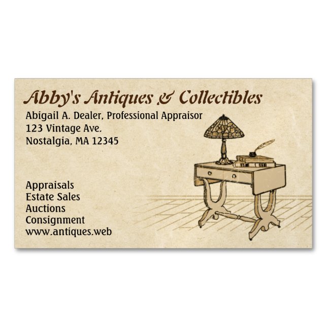 Antikaskabb med lampa, Bokar och penna Magnetiska Visitkort (Framsida)