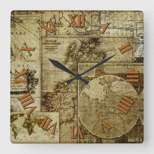 Antike- och Vintage - gamla världskartor Fyrkantig Klocka