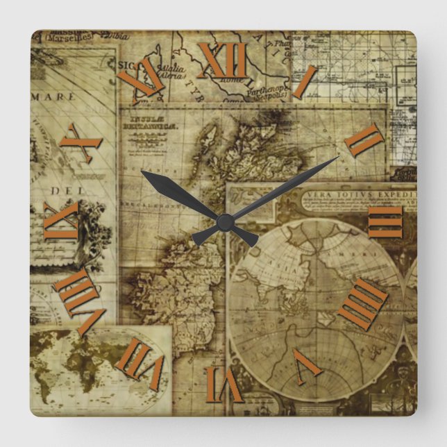Antike- och Vintage - gamla världskartor Fyrkantig Klocka (Framsida)