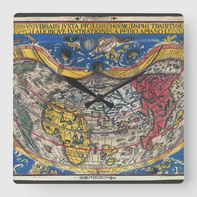 Antikens Hjärtformade världskarta av Peter Apian 1 Fyrkantig Klocka (Framsida)