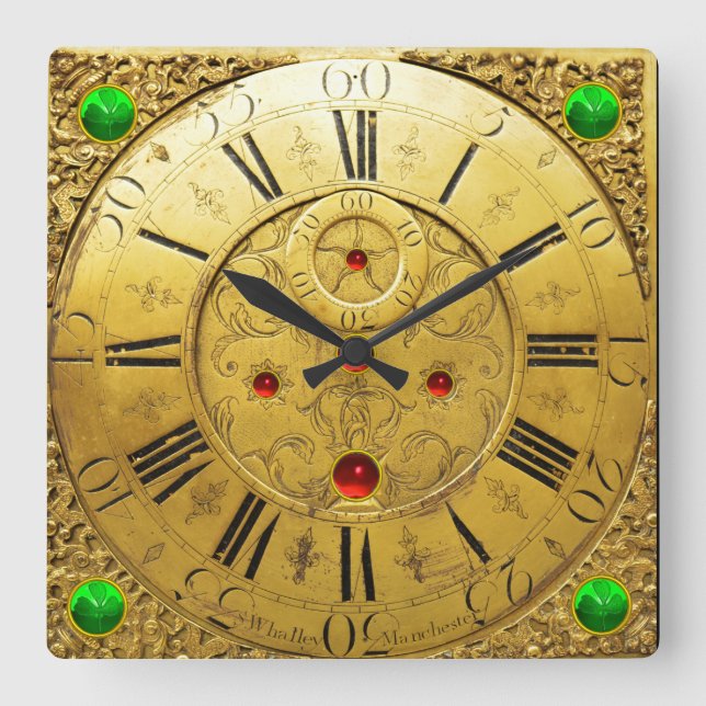 antikstid,Shamrocks,Ruby Gemstones,Guld Gult Fyrkantig Klocka (Framsida)