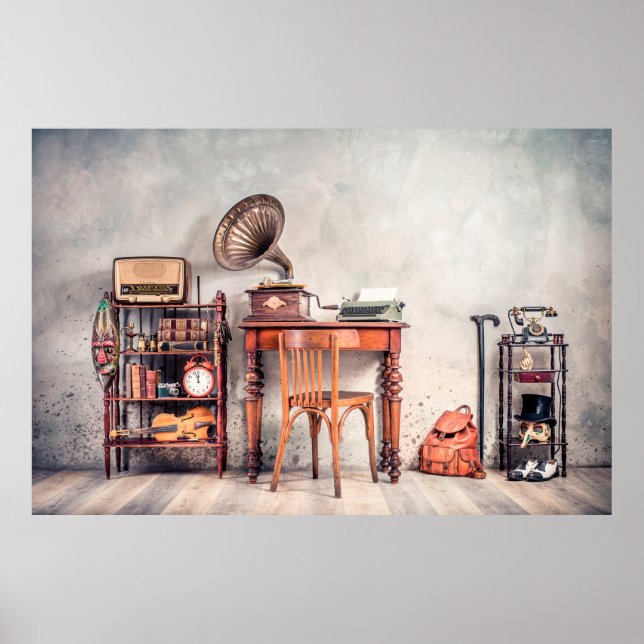 Antikstol, gammal skrivmaskin, radiokanal, gramop poster (Framsidan)