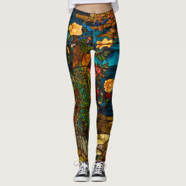 Antikt glasmålingsfönster med påfåglar och blommor leggings