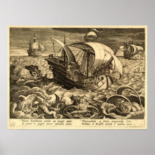 Antique 1590 Fraktas and Sea Monsters Poster