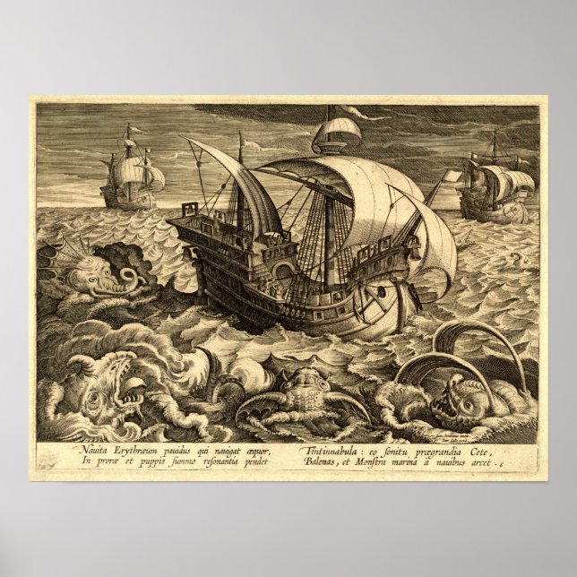 Antique 1590 Fraktas and Sea Monsters Poster (Framsidan)