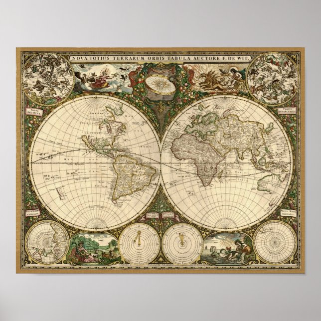 Antique 1660 World Map by Frederick de Wit Poster (Framsidan)