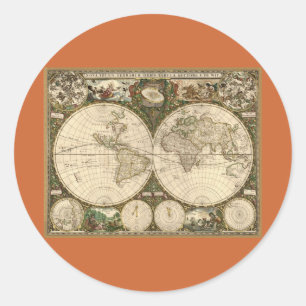 Antique 1660 World Map by Frederick de Wit Runt Klistermärke