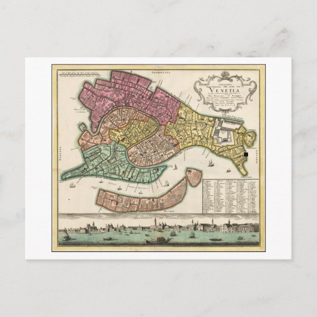 Antique 1729 Karta of Venedig, Italien Vykort (Framsida)
