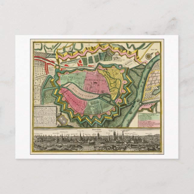 Antique 1730 Karta i Gdansk, Polen Vykort (Framsida)