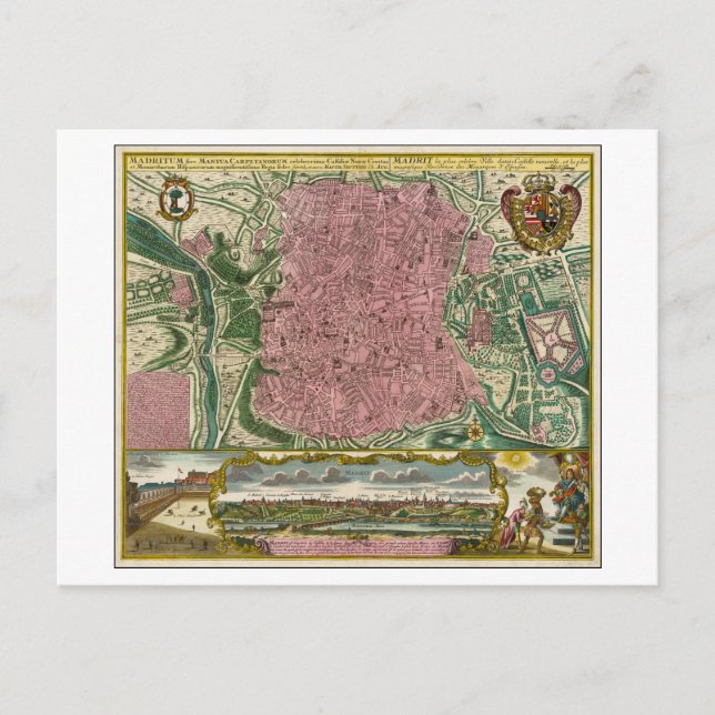 Antique 1730 Karta i Madrid, Spanien Vykort (Framsida)
