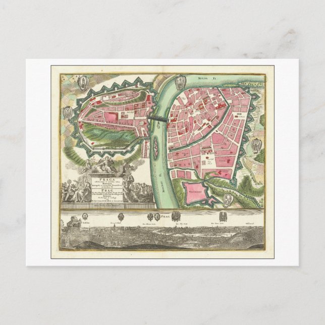 Antique 1730 Karta i Prag, Tjeckien Vykort (Framsida)