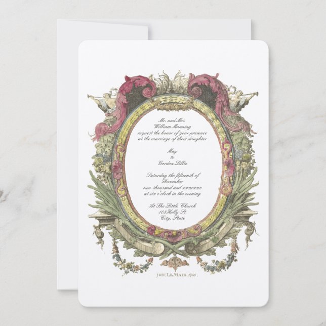 Antique 1755 Baroque Rococo Blommigt Oval Call Inbjudningar (Framsida)