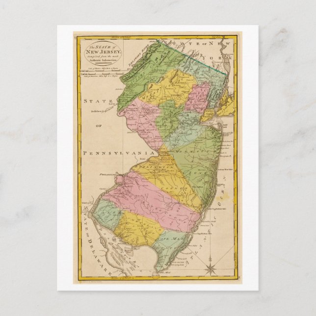 Antique 1815 Karta of New jersey Postcard Vykort (Framsida)