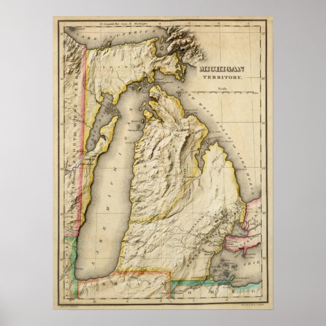 Antique 1822 Michigan Karta med modern hjälp Poster (Framsidan)