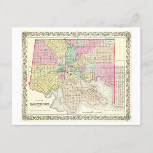 Antique 1856 Karta of Baltimore, Maryland Vykort