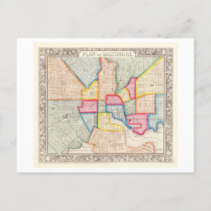 Antique 1867 Karta of Baltimore, Maryland Vykort