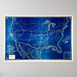 Antique 1882 American Railroad System Karta Poster
