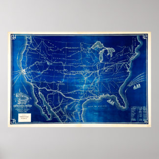 Antique 1882 American Railroad System Karta Poster