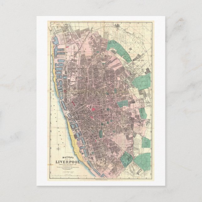 Antique 1890 Karta of Liverpool, England Vykort (Framsida)