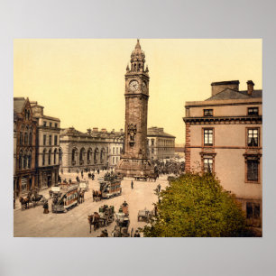 Antique 1890s Belfast Street scen Albert Memorial Poster
