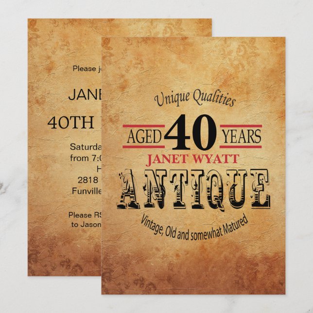 Antique 40 Birthday Inbjudningar (Fram/baksida)