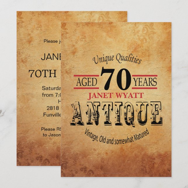 Antique 70 Birthday Inbjudningar (Fram/baksida)