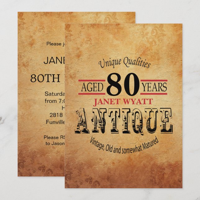 Antique 80 Birthday Inbjudningar (Fram/baksida)