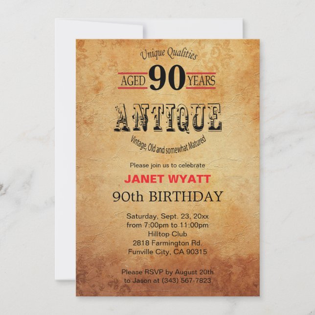 Antique 90:e Birthday Inbjudningar (Framsida)