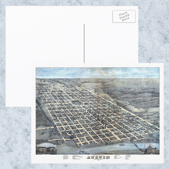 Antique Aerial City Karta of Austin, Texas, 1873 Vykort (Skapare uppladdad)