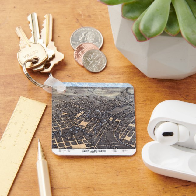 Antique Aerial City Karta of San Antonio, Texas 18 Nyckelring (Skrivbord)