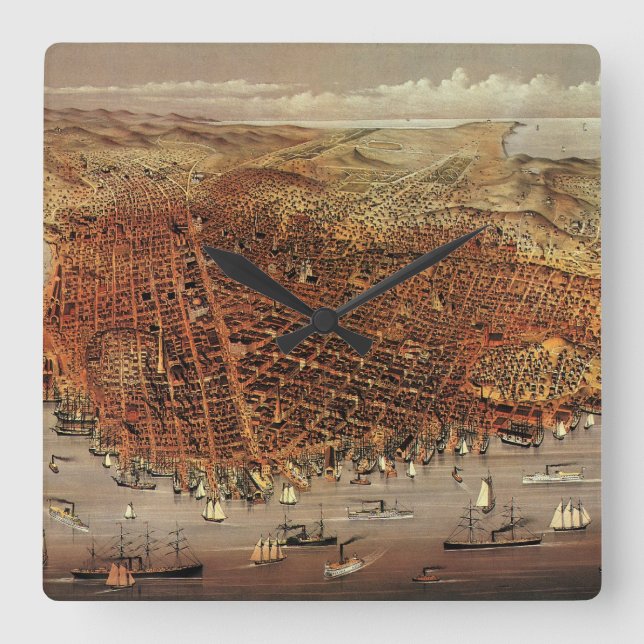 Antique Aerial Karta of San Francisco, Kalifornien Fyrkantig Klocka (Framsida)