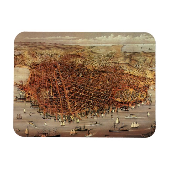 Antique Aerial Karta of San Francisco, Kalifornien Magnet (Horisontell)