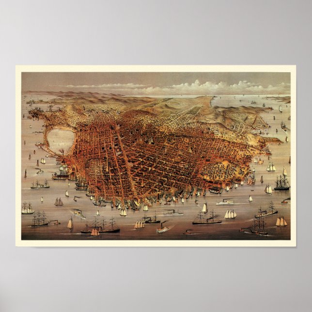 Antique Aerial Karta of San Francisco, Kalifornien Poster (Framsidan)