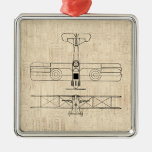 Antique Airplan Diagramme Vintage Flygplan Art Julgransprydnad Metall