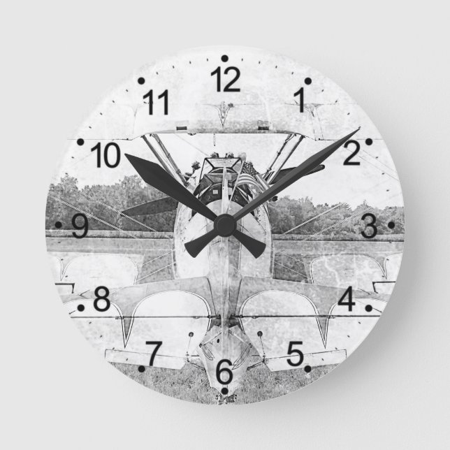 &Antique Airplan Retro B&W Rund Klocka (Framsida)