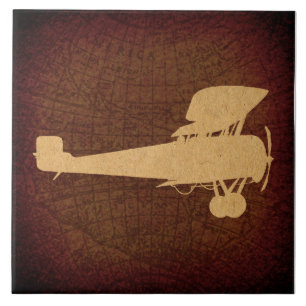 Antique Airplane Silhouette Flygplan & Brown Karta Kakelplatta