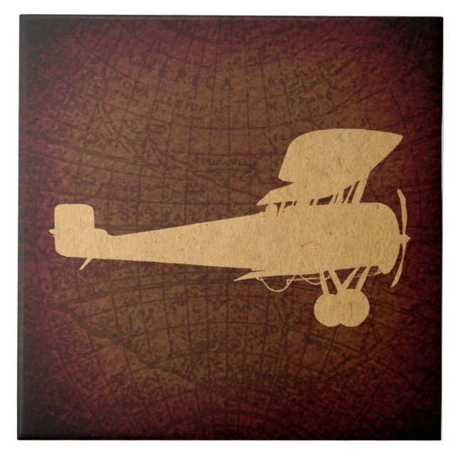Antique Airplane Silhouette Flygplan & Brown Karta Kakelplatta (Framsidan)