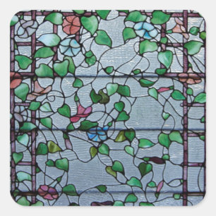 ANTIQUE AMERICAN STAINED GLAS-MORNING GLORY VINE FYRKANTIGT KLISTERMÄRKE