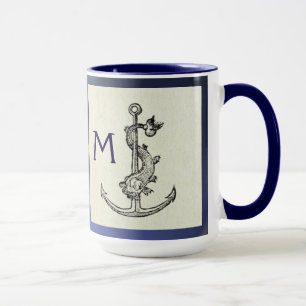 ANTIQUE ANCHOR & FISH NAUTICAL Navy Blue Monogram Mugg
