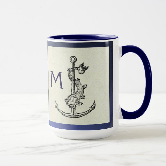 ANTIQUE ANCHOR & FISH NAUTICAL Navy Blue Monogram Mugg (Höger)