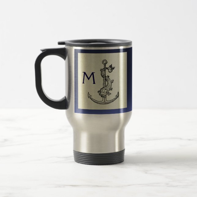 ANTIQUE ANCHOR & FISH NAUTICAL Navy Blue Monogram Resemugg (Vänster)