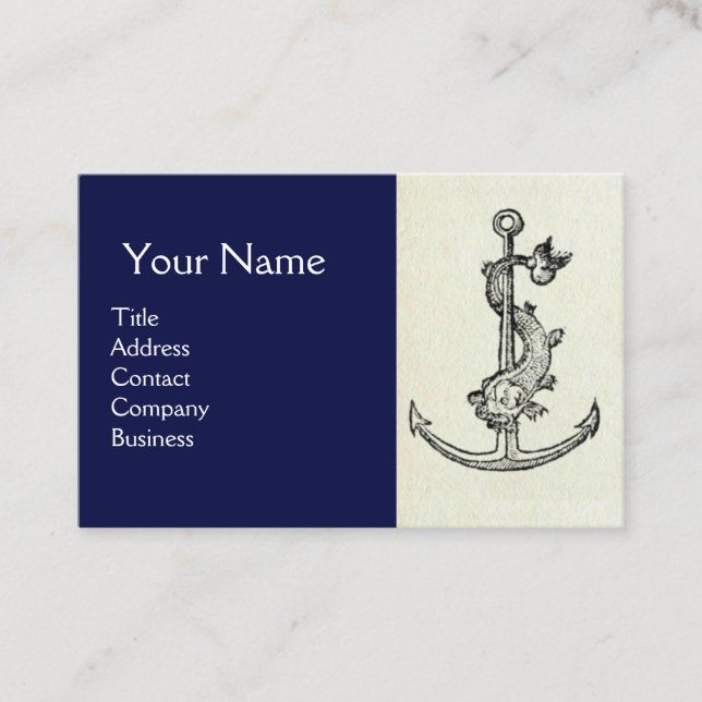 ANTIQUE ANCHOR MED FISH NAUTICAL White Navy Blue Visitkort (Framsida)