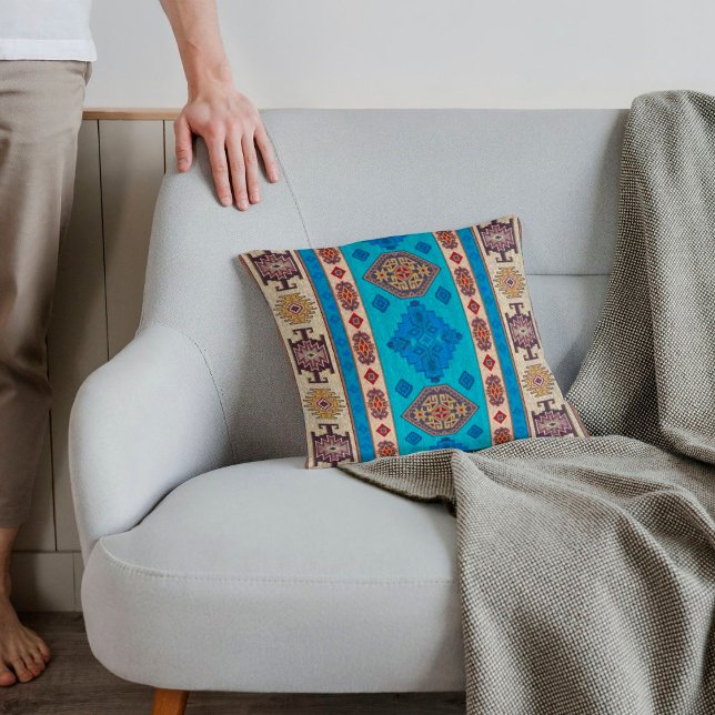 Antique Aqua Blue Blek Guld Turkiska Kilim Matta Kudde (Skapare uppladdad)