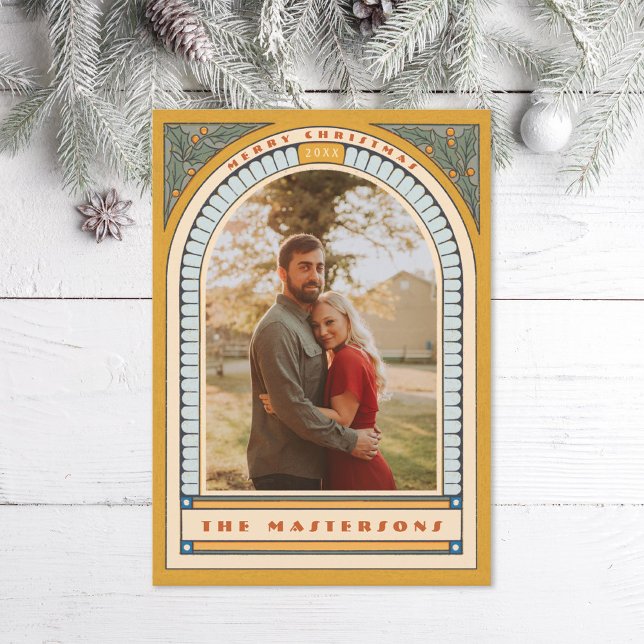 Antique Arch Holly Deco Mustard Helgdag Photo Card Julkort (Skapare uppladdad)