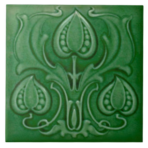 Antique Art nouveau Grönt Majolica Repro Tile Kakelplatta