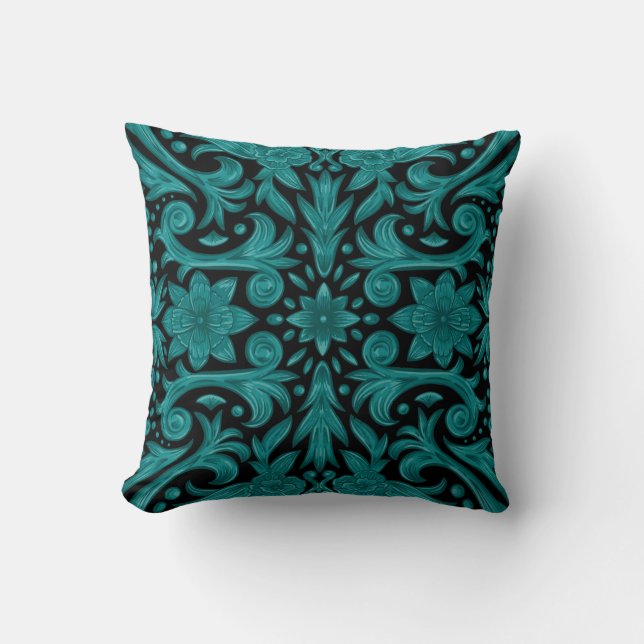 Antique Aztec Eagle Damask teal black Kudde (Framsida)