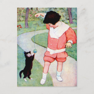 ANTIQUE "BEST FRIENDS" GIRL PLAYS MED KITTEN VYKORT