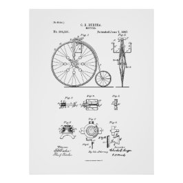 Antique Bicycle 1887 Penny Farthing Patent Tecknin Fototryck