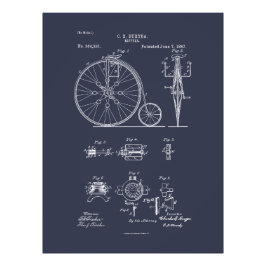 Antique Bicycle 1887 Penny Farthing Patent Tecknin Fototryck