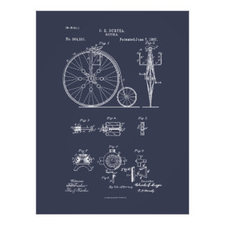 Antique Bicycle 1887 Penny Farthing Patent Tecknin Fototryck